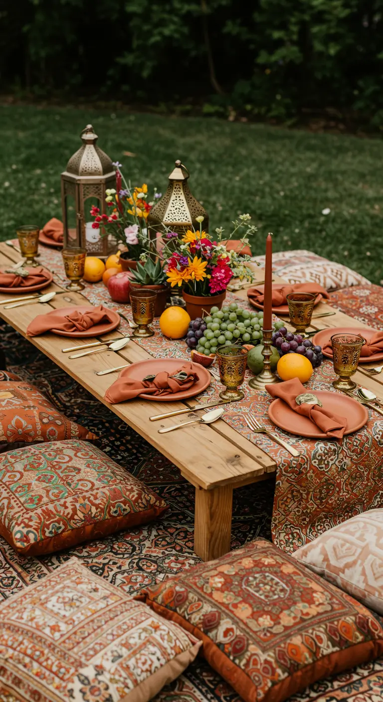 Table basse bohème en extérieur avec coussins ethniques, lanternes dorées et paniers de fruits frais.