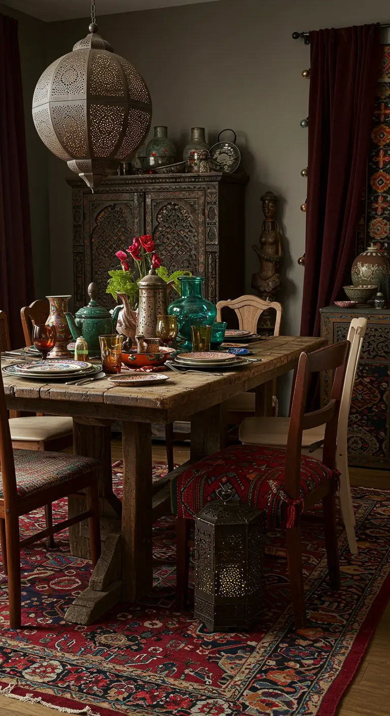 Salle à manger bohème éclectique avec table en bois rustique et vaisselle aux couleurs riches.