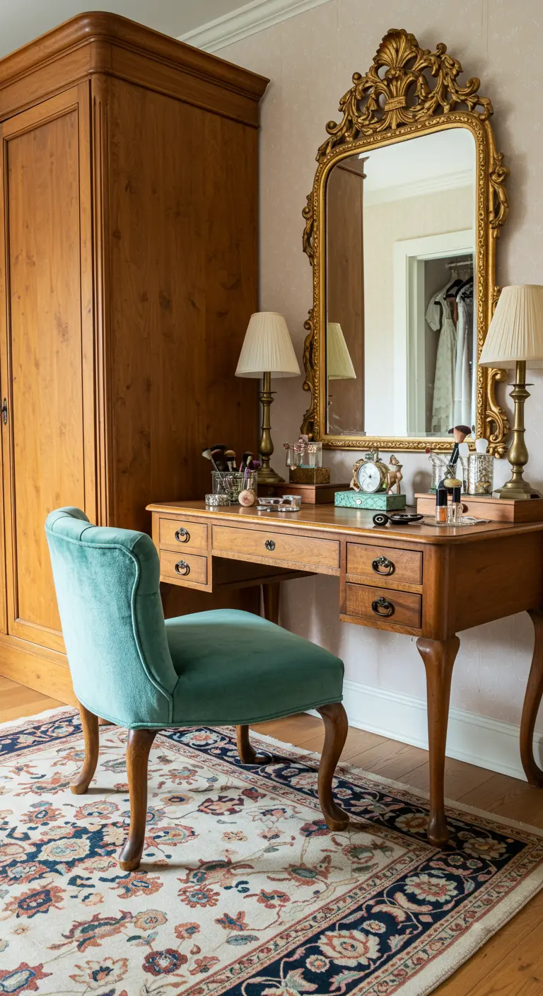 Coiffeuse vintage en bois, miroir doré orné, chaise velours vert d'eau, tapis persan.