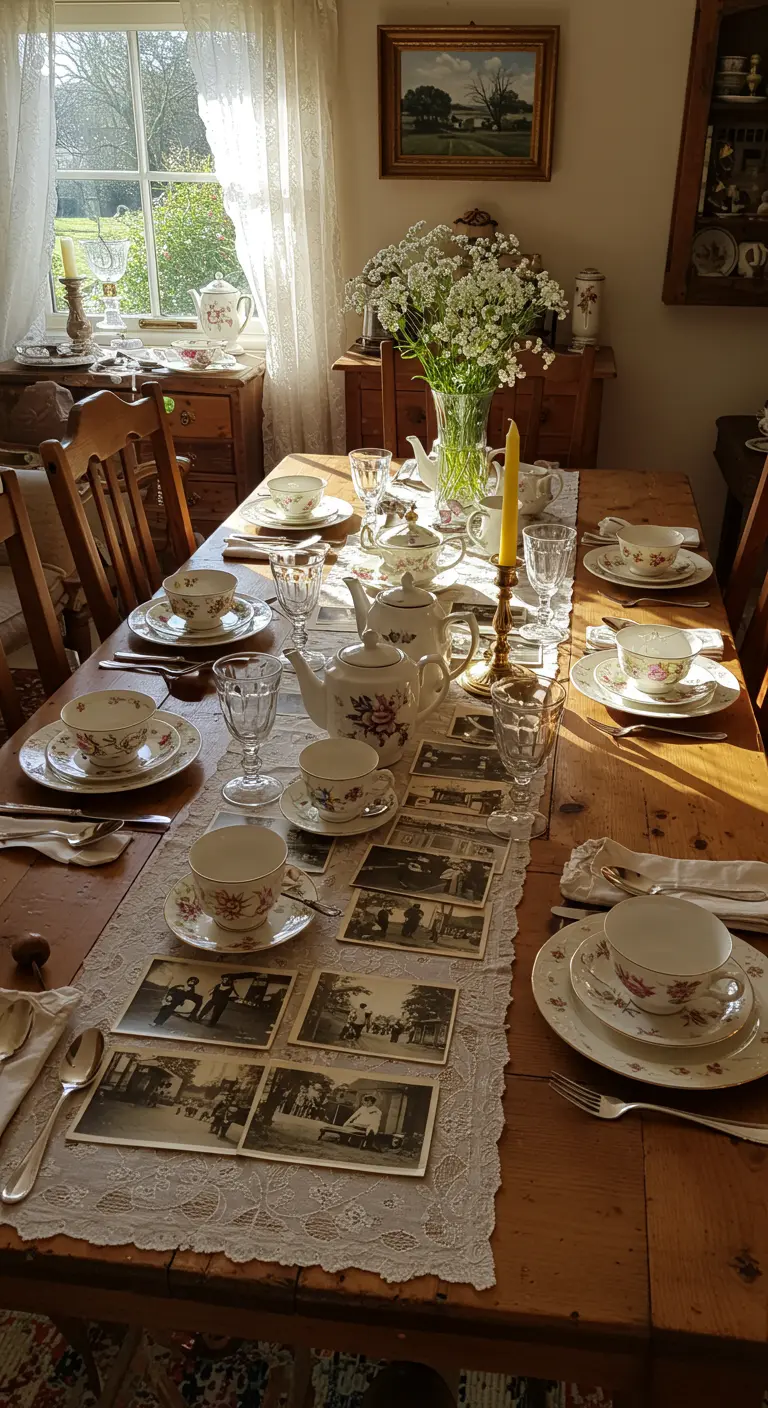 Table en bois pour un goûter vintage avec un chemin de table en dentelle, photos anciennes et tasses à thé.