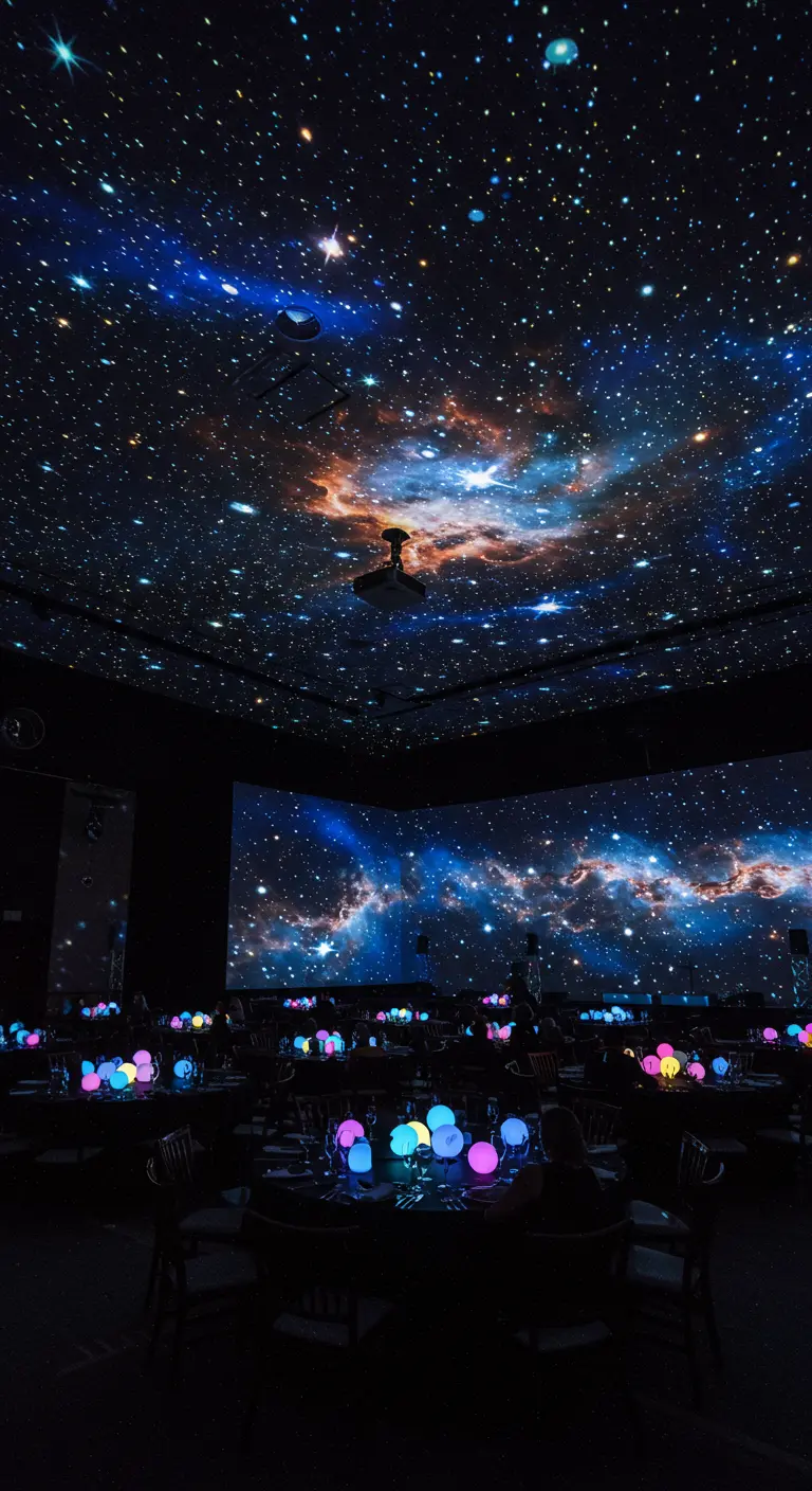 Salle de réception plongée dans le noir, avec une projection de nébuleuse au plafond.