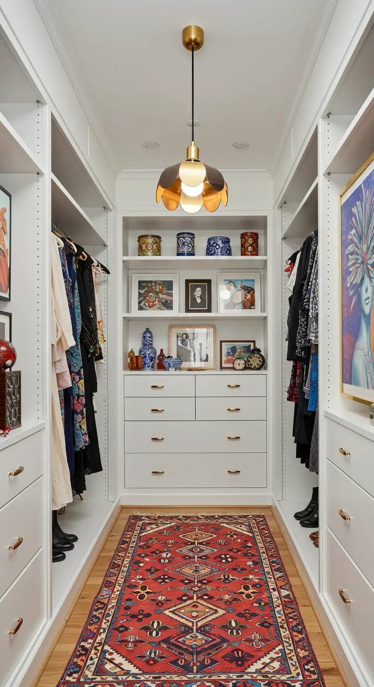 Dressing blanc avec tapis persan coloré et objets décoratifs sur étagères.
