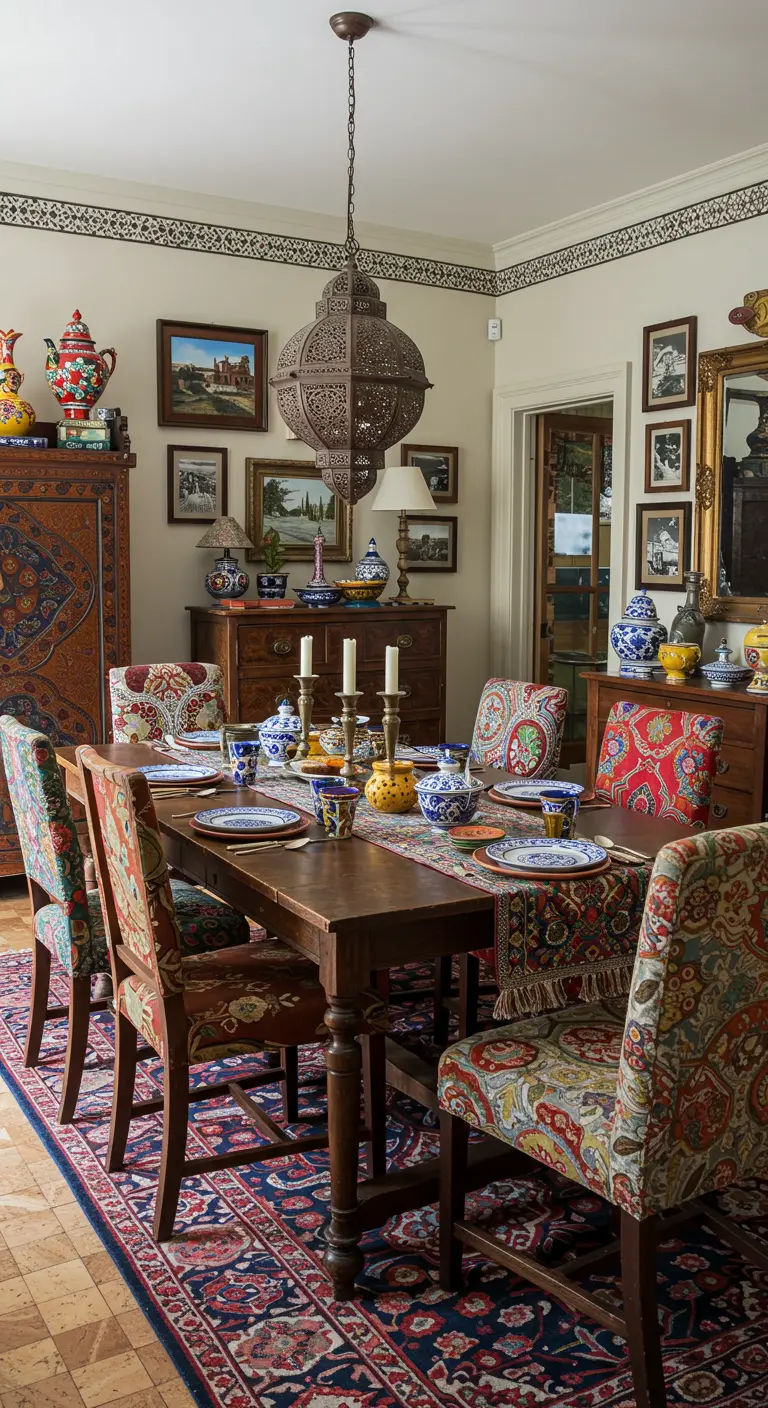 Salle à manger avec table en bois, chaises et vaisselle à motifs orientaux et lanterne.