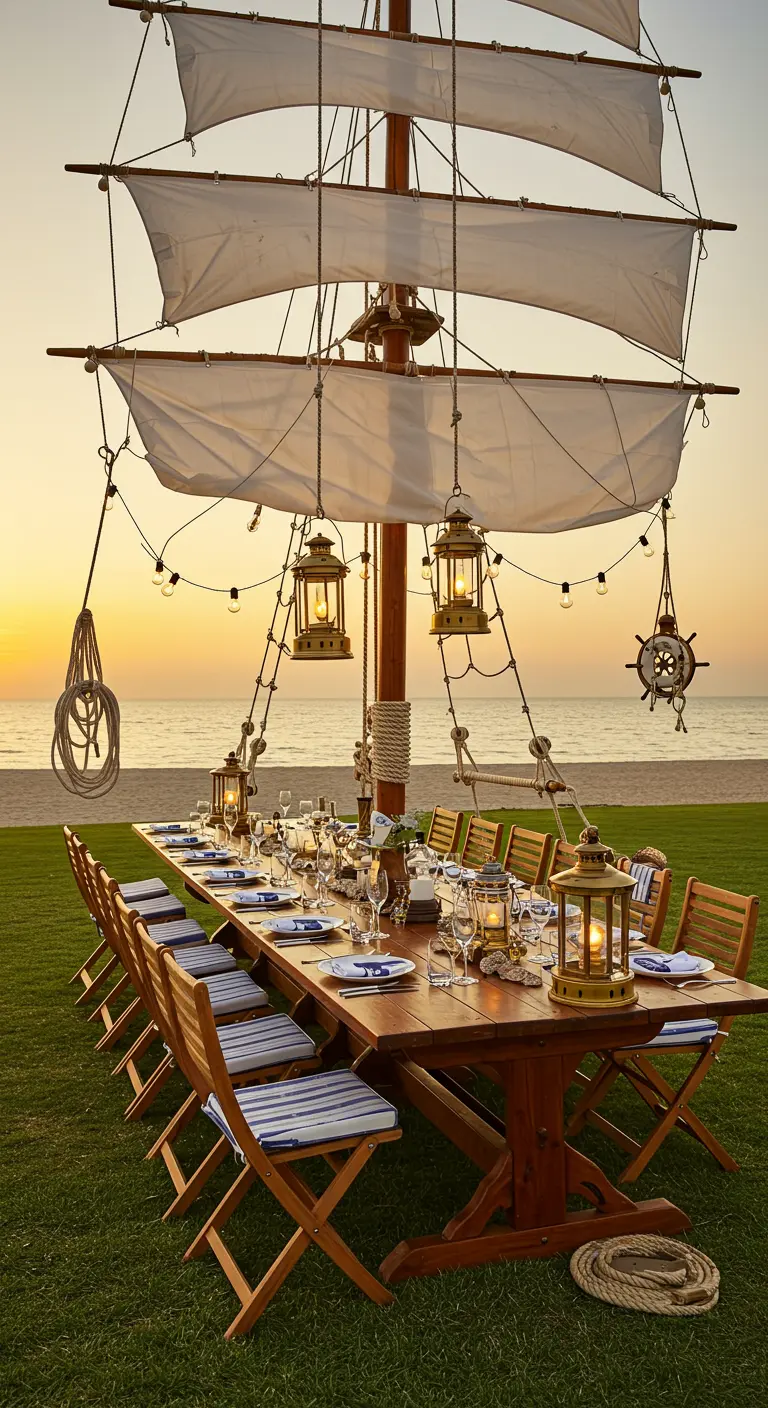 Table de dîner nautique sur une pelouse près de la plage, sous un mât de bateau avec voiles et lanternes.