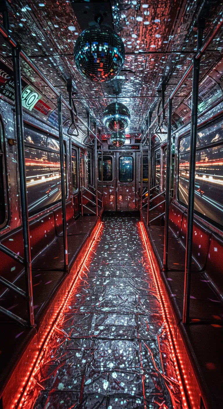 L'intérieur d'un wagon de métro transformé en club disco avec des lumières rouges.