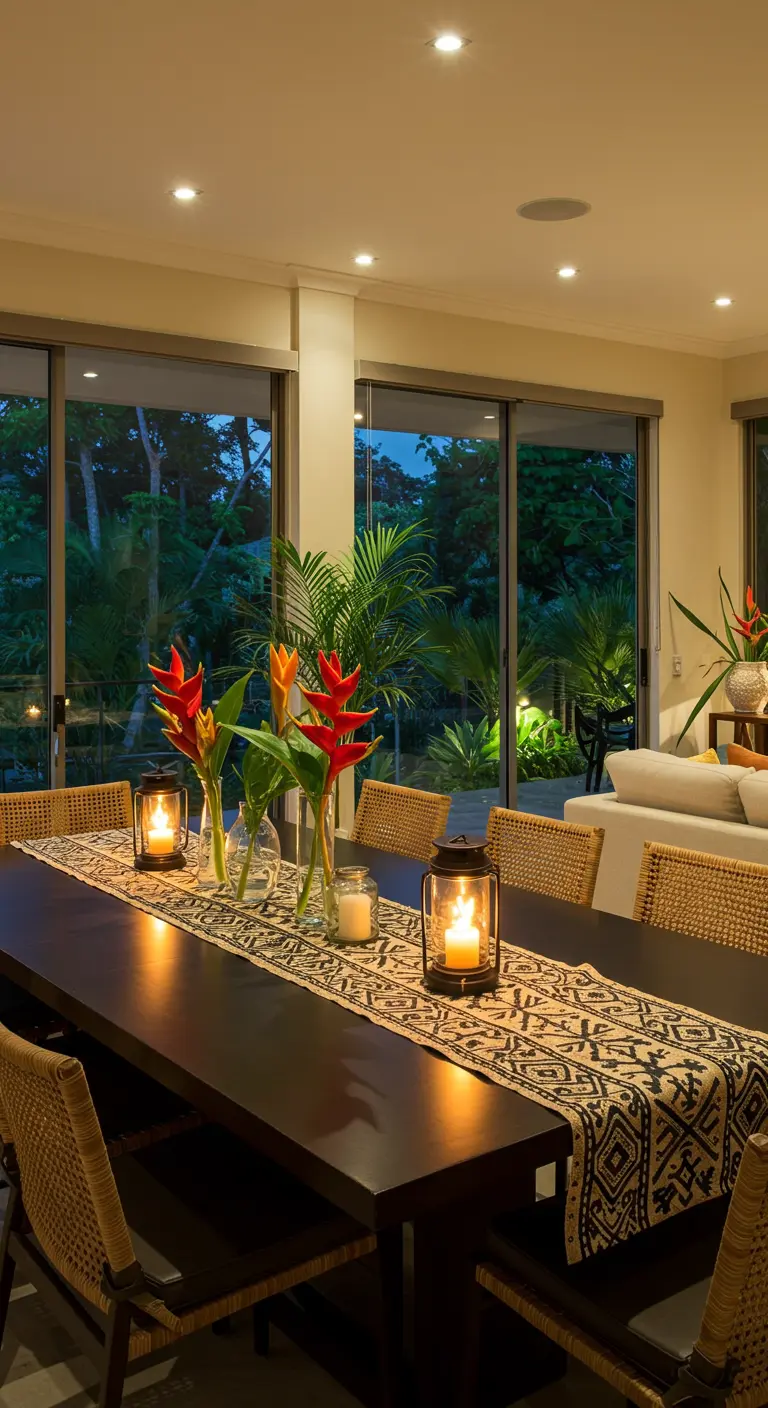 Chemin de table à motifs ethniques avec lanternes et fleurs tropicales sur une table foncée.