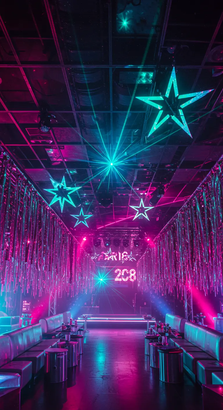 Couloir de club futuriste avec des rideaux de lamé, des néons et des lasers.