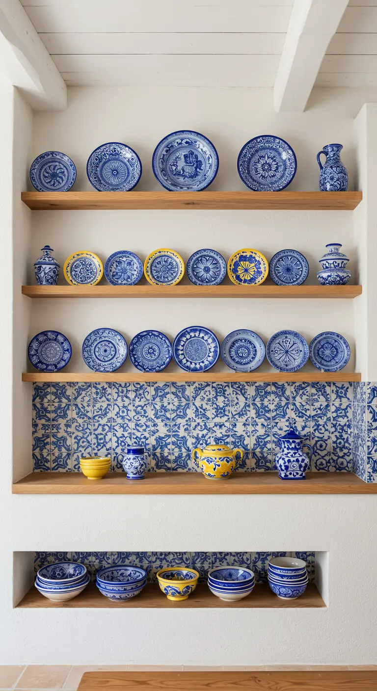 Étagères en bois avec une collection d'assiettes en céramique bleue et blanche de style portugais.