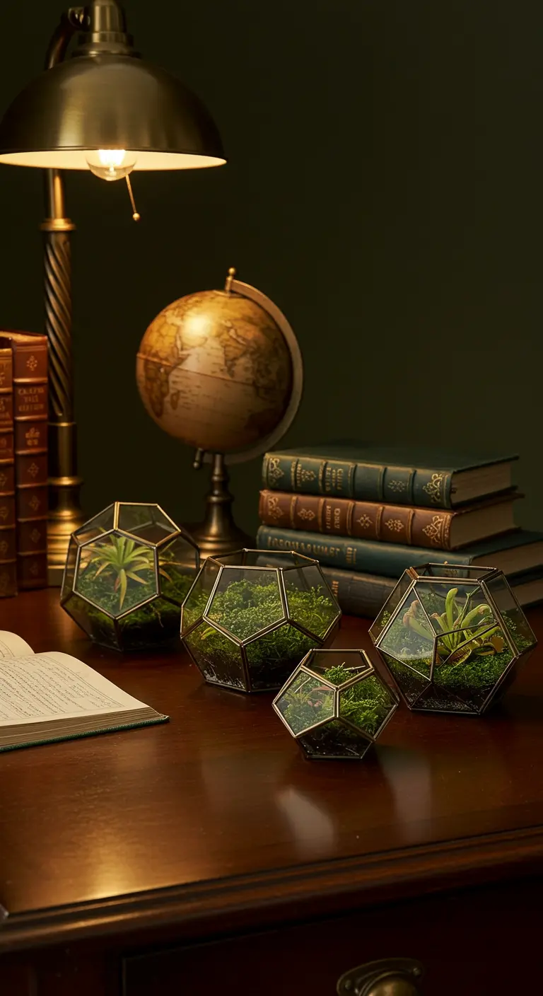 Terrariums géométriques en laiton avec plantes et mousse sur un bureau en bois sombre avec un globe.