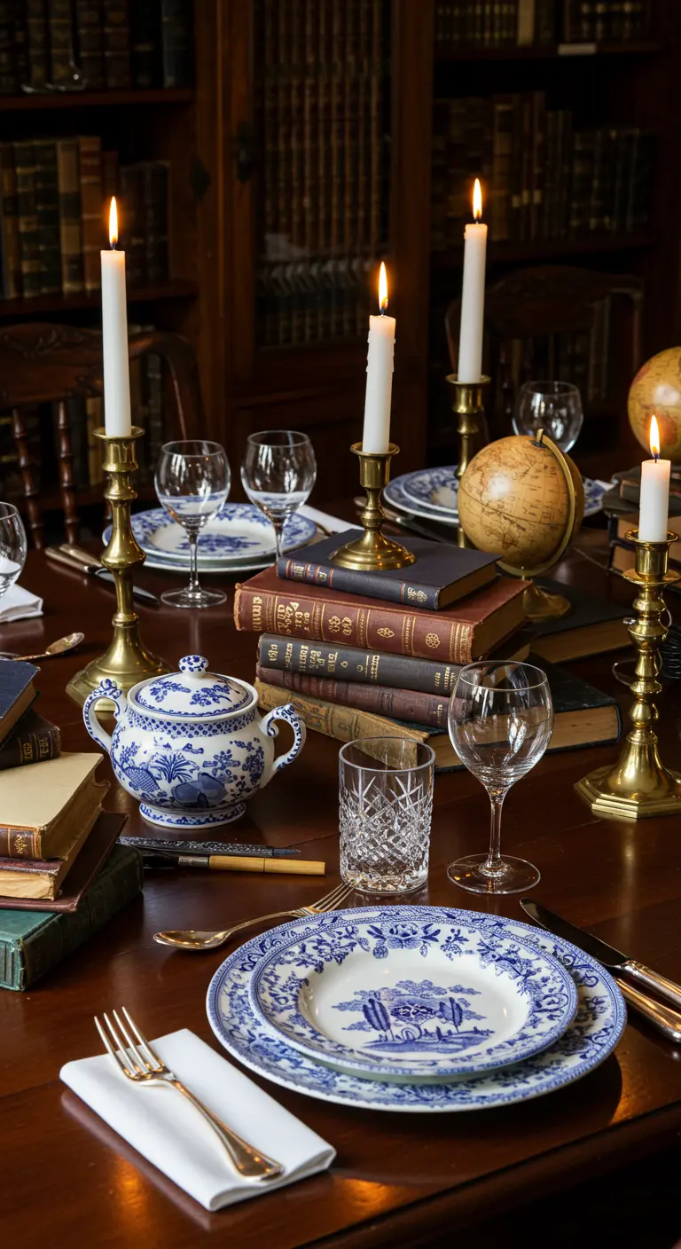 Table élégante avec vaisselle bleue et blanche, piles de livres anciens, globes terrestres et bougeoirs en laiton.