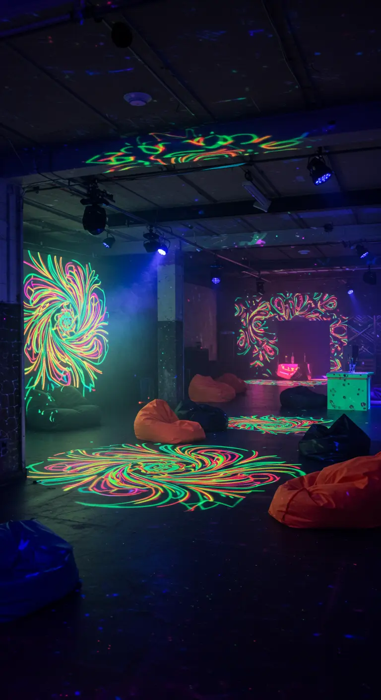 Salle de fête sombre éclairée par des motifs psychédéliques fluo.