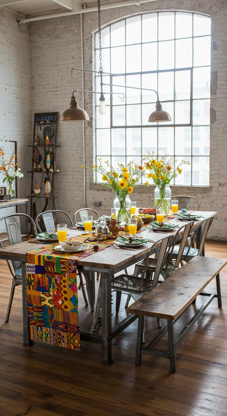 Chemin de table patchwork multicolore sur une longue table en bois dans un loft industriel.