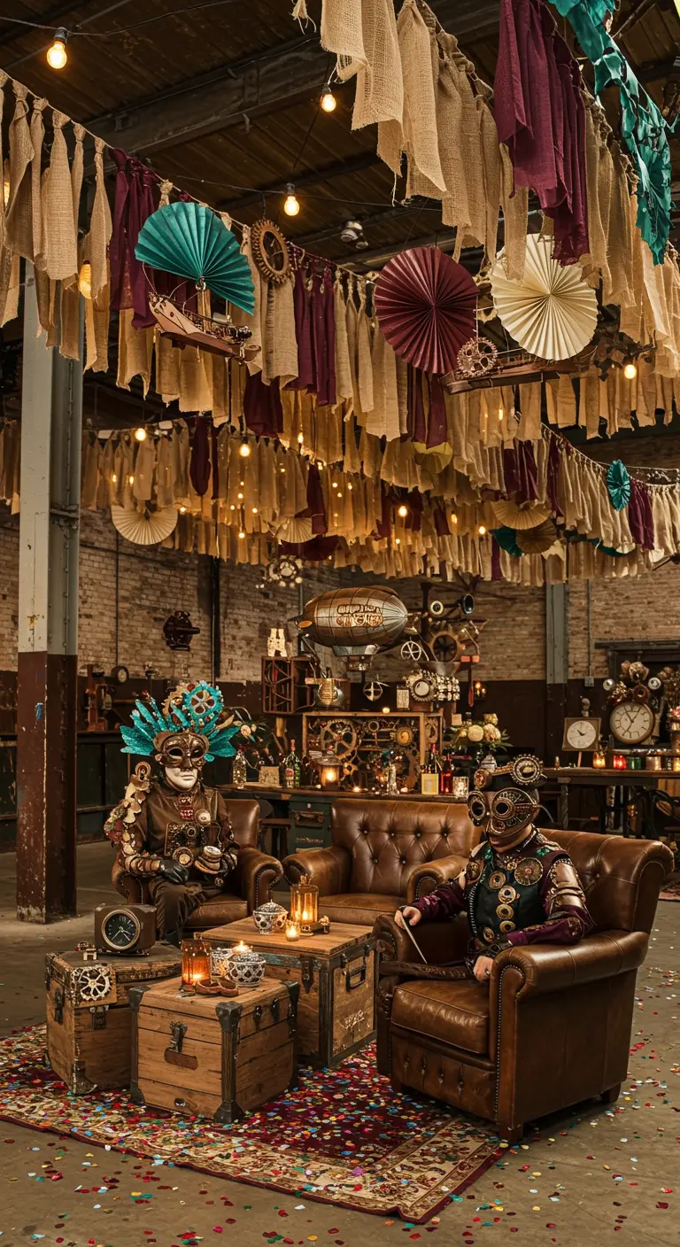 Salon steampunk avec masques, engrenages, tissus de jute et mobilier en cuir.