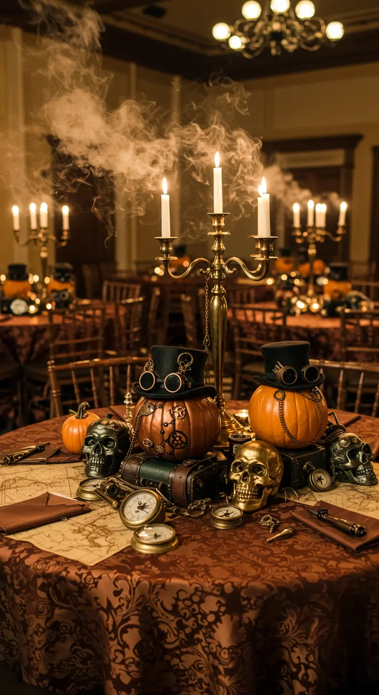Table d'Halloween Steampunk avec citrouilles coiffées, crânes, boussoles et bougies fumantes