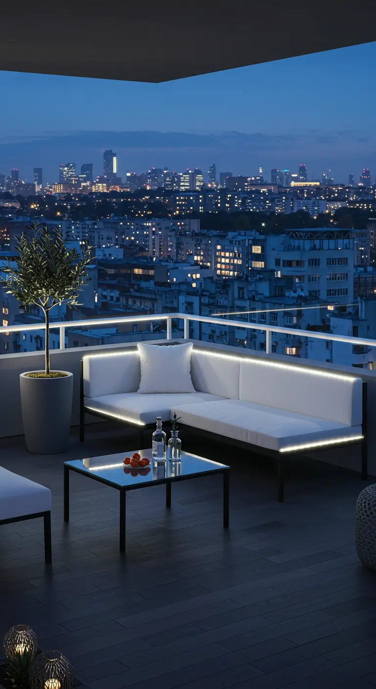 Canapé d'angle blanc avec LED blanches sur un balcon, olivier et vue sur la ville.