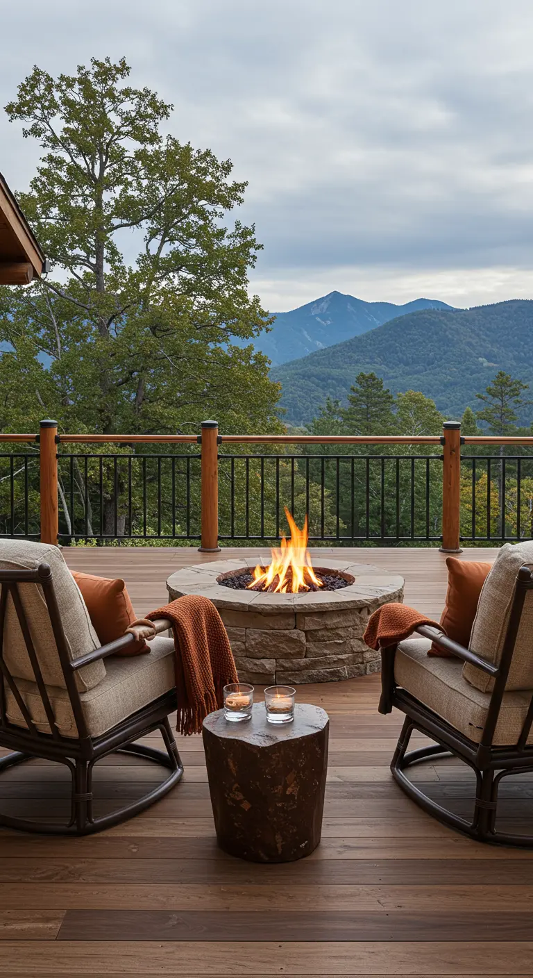 Deux fauteuils confortables sur une terrasse avec foyer et vue sur les montagnes.