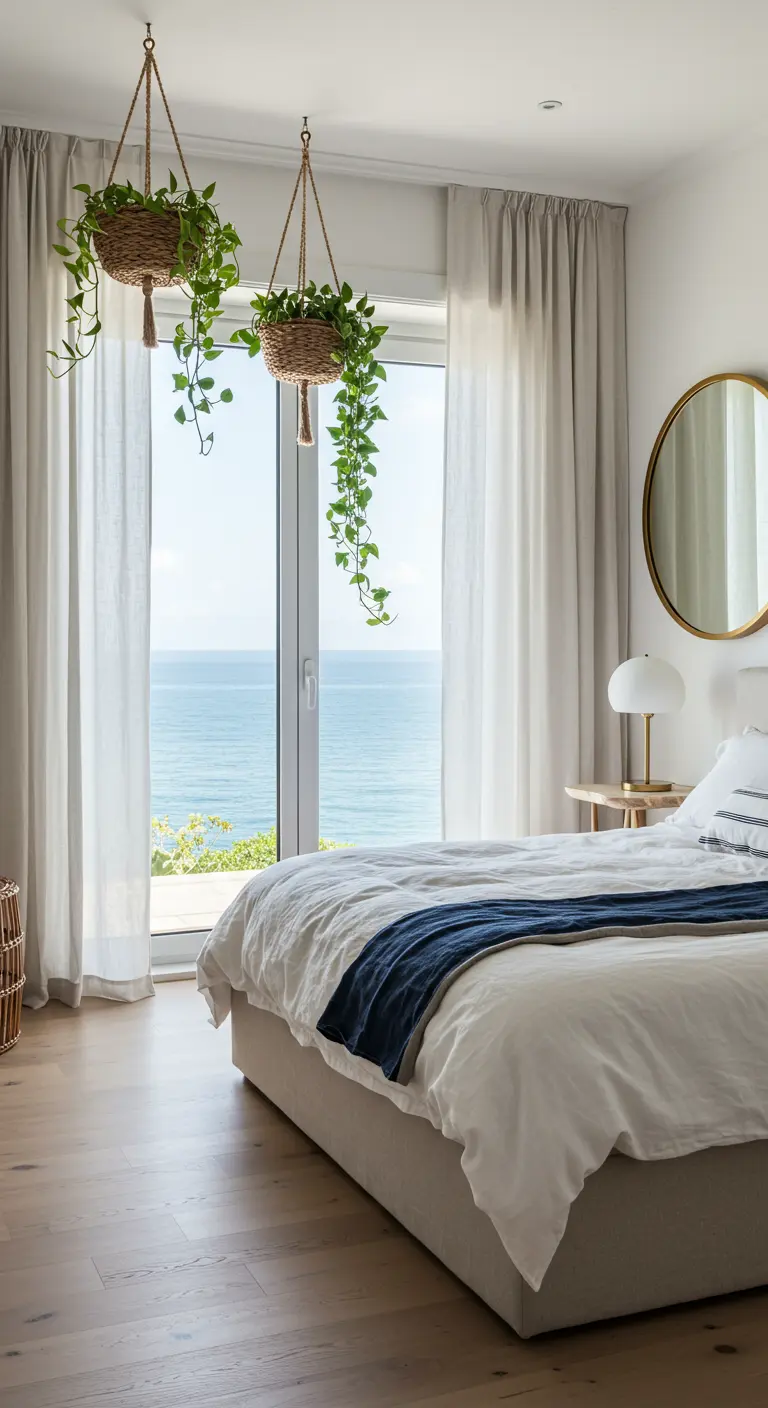 Chambre côtière avec vue sur mer, lit blanc, jeté bleu, miroir rond doré et plantes suspendues.