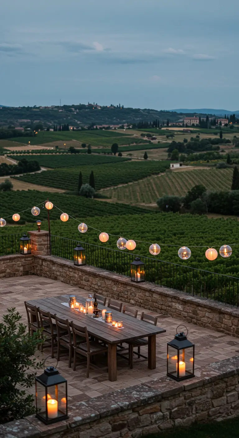 Grande terrasse avec vue sur les vignobles, table en bois, guirlandes lumineuses et grandes lanternes.