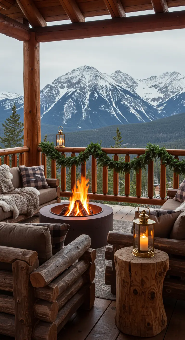 Balcon de chalet en bois avec brasero, mobilier rustique et vue sur les montagnes enneigées.