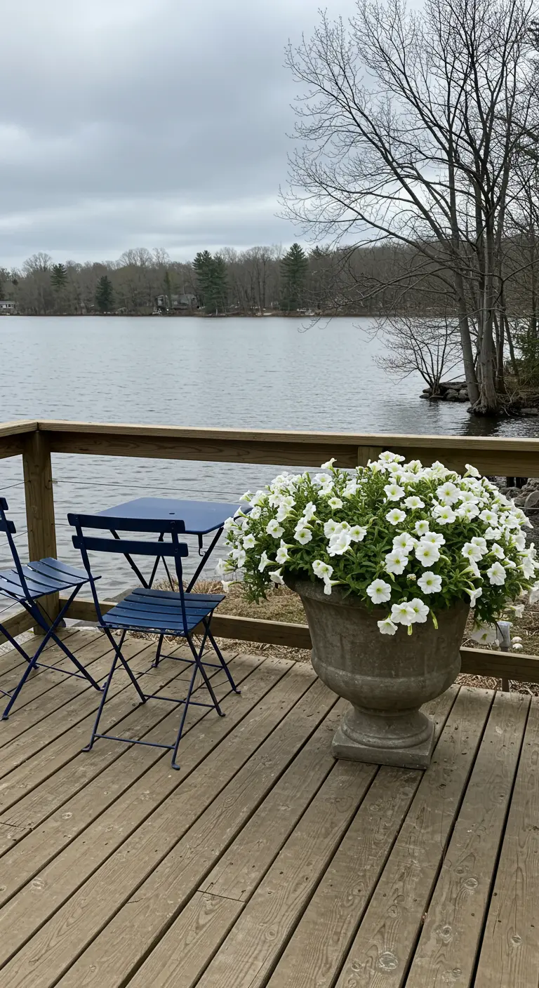 Une grande vasque de pétunias blancs sur une terrasse en bois surplombant un lac.