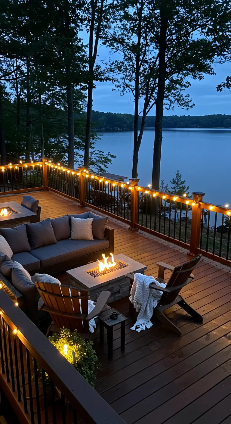 Terrasse au bord du lac avec canapé sectionnel, table brasero et guirlandes lumineuses.