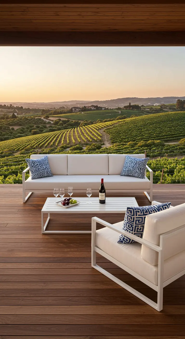 Salon de jardin moderne blanc avec des coussins à motifs géométriques bleus, sur une terrasse en bois.