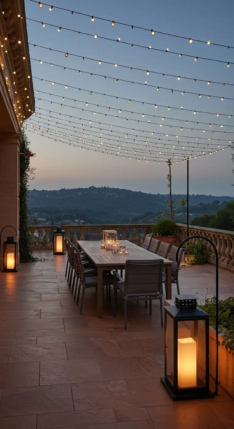 Grande terrasse avec vue, de nombreuses guirlandes lumineuses suspendues et des lanternes au sol.