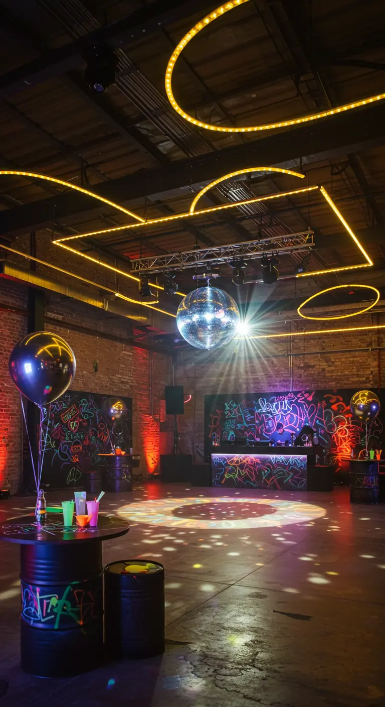 Salle de fête industrielle avec graffitis, lumières néon orange, boule disco et fûts métalliques transformés en tables.