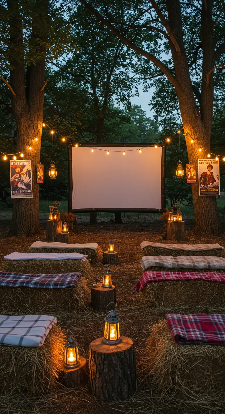 Cinéma extérieur rustique avec bottes de foin, plaids et lanternes.