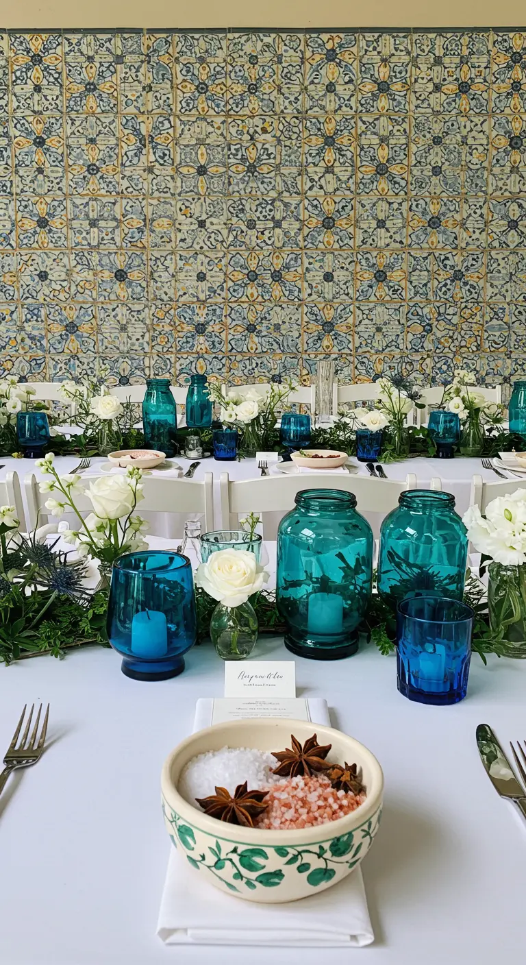 Table avec verres turquoise, fleurs blanches et bol de sel et d'épices.