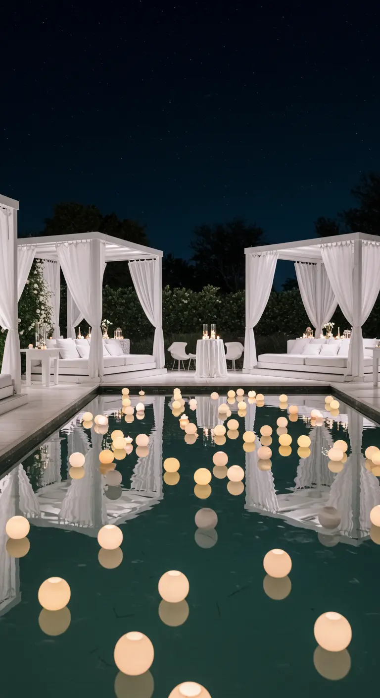 Patio zen blanc avec plateformes en bois, coussins au sol, lanternes et branches fleuries blanches.