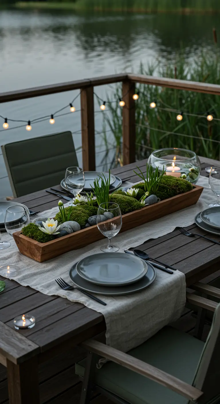 Table extérieure avec centre de table zen en bois, mousse, plantes, nénuphars et bougies flottantes.