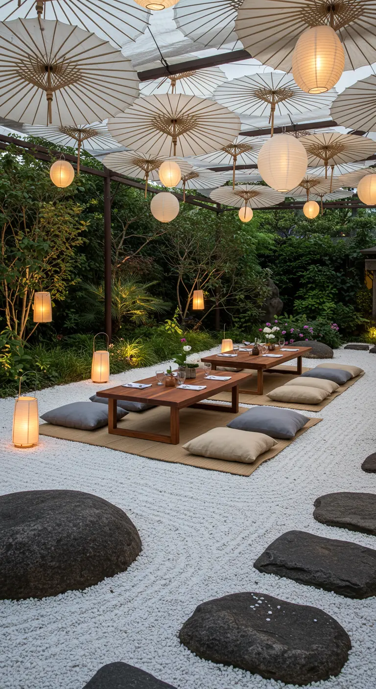 Espace repas extérieur zen avec ombrées blanches, tables basses en bois et coussins gris sur un sol de gravier.