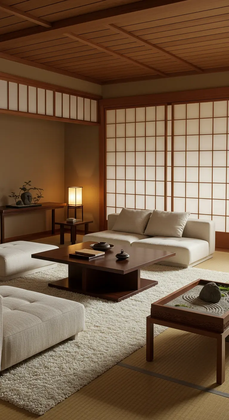 Salon d'inspiration japonaise avec meubles bas, tapis crème, table basse foncée et jardin zen miniature.