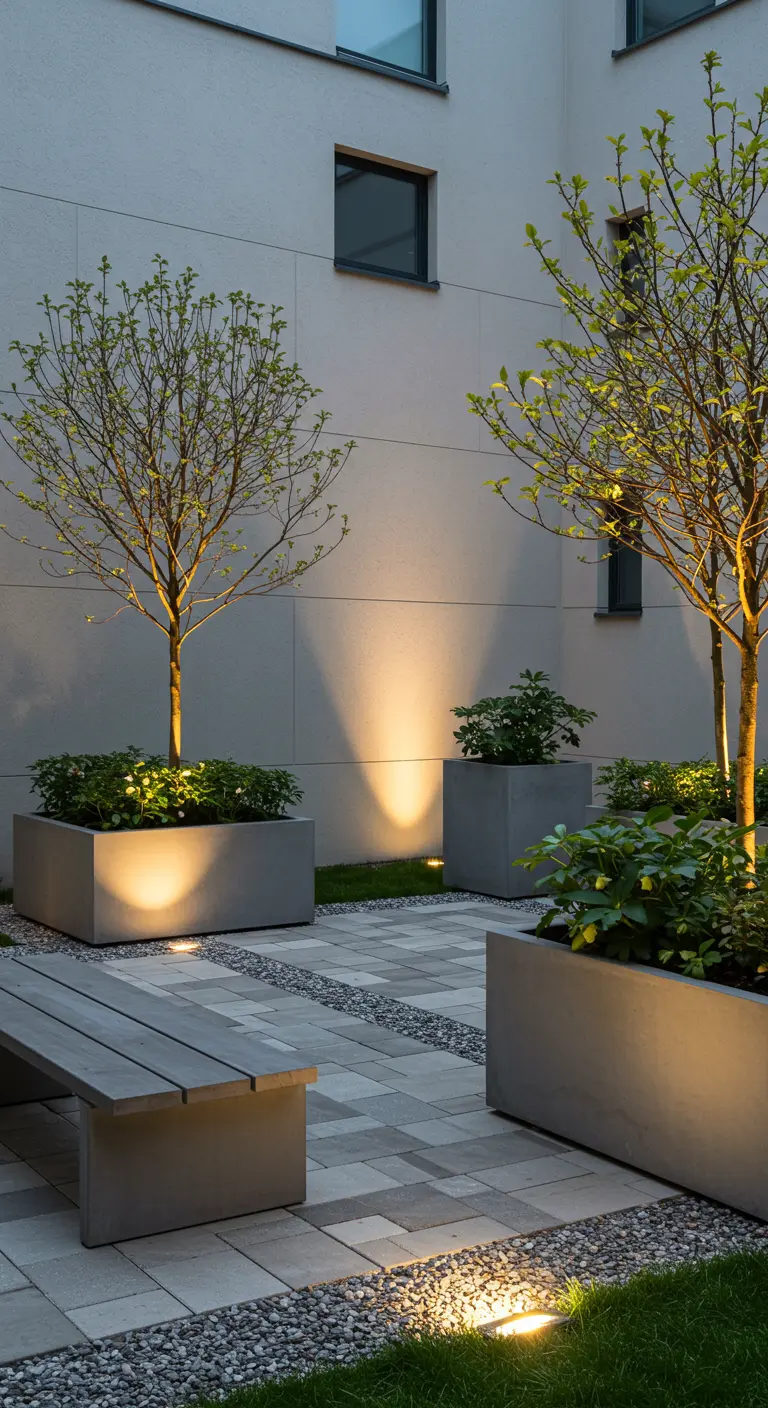 Cour moderne avec grands bacs en béton, petits arbres et banc en bois, illuminée par des spots au sol.