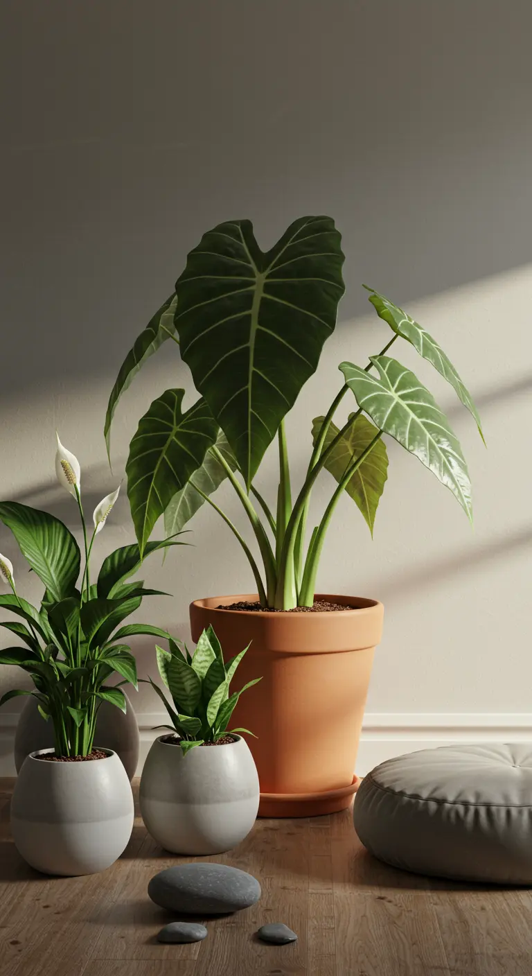 Spathiphyllum, Sansevieria, Alocasia en pots ronds, coussin de sol, galets.