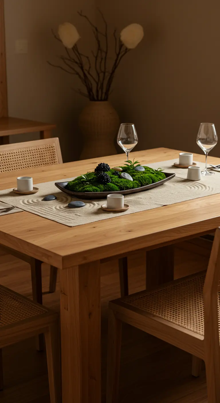Centre de table zen avec mousse, galets, mûres sur un plateau noir et chemin de table en sable.