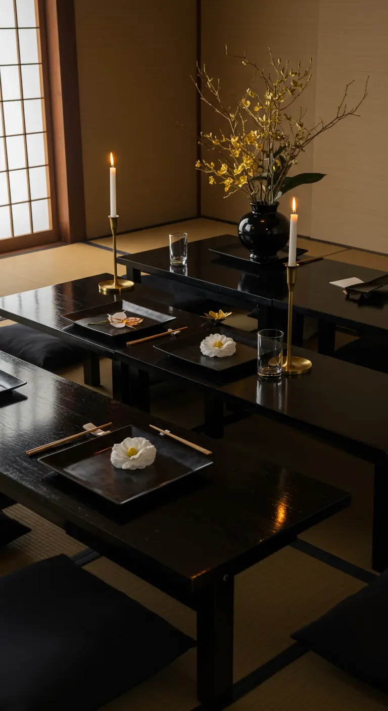 Table basse de style japonais, vaisselle noire carrée, fleurs blanches et bougies.