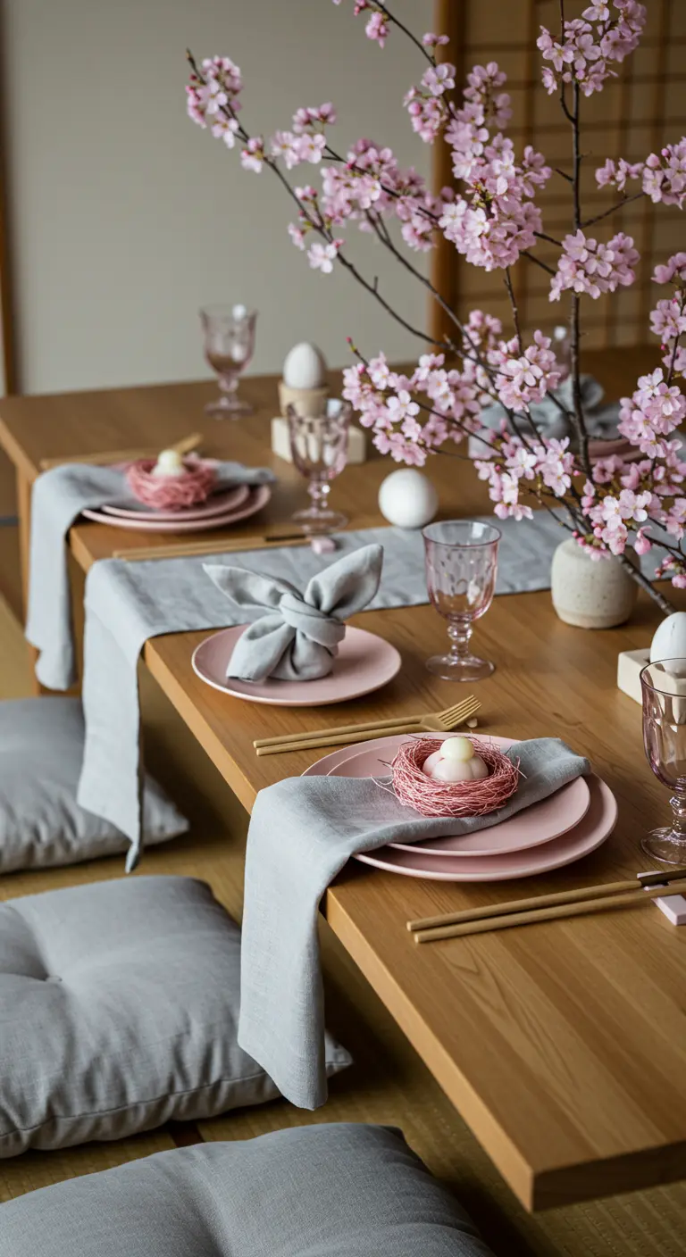 Table de Pâques basse de style japonais avec des fleurs de cerisier.