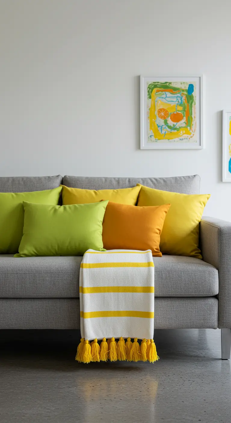 Canapé gris avec une accumulation de coussins jaunes, vert lime et orange, et un plaid à rayures.