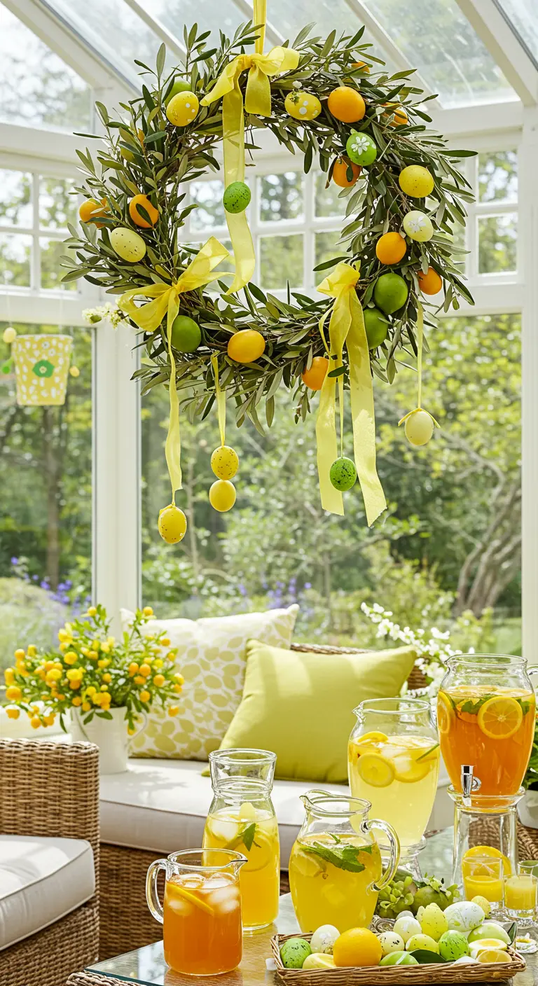Couronne de feuilles d'olivier avec des œufs jaunes et verts suspendus, dans une véranda ensoleillée.