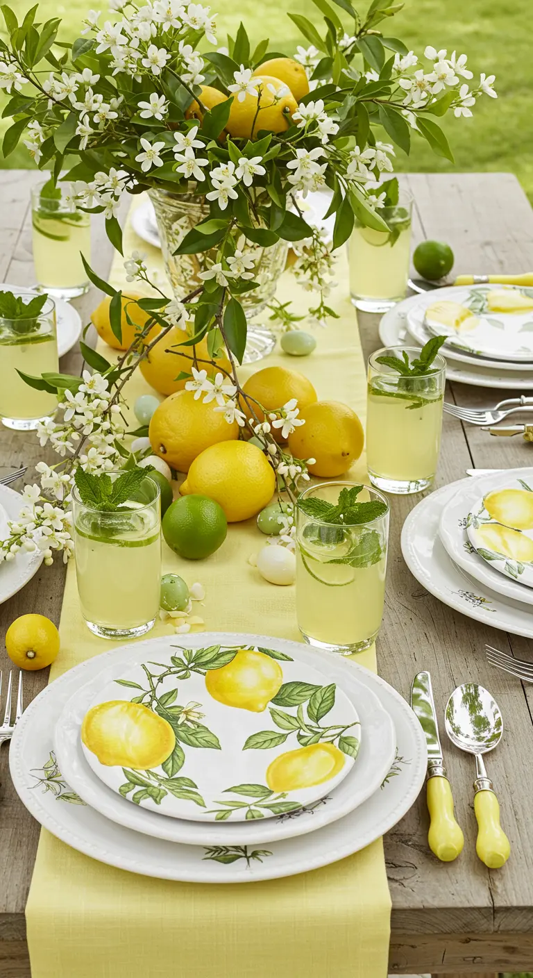 Table de Pâques ensoleillée décorée avec des citrons frais et des fleurs blanches.