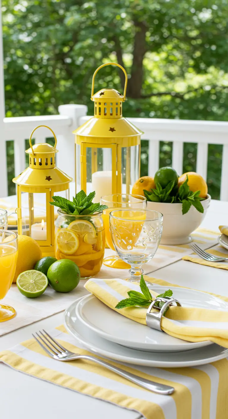 Lanternes jaunes vives sur une table d'été avec des agrumes et de la menthe.