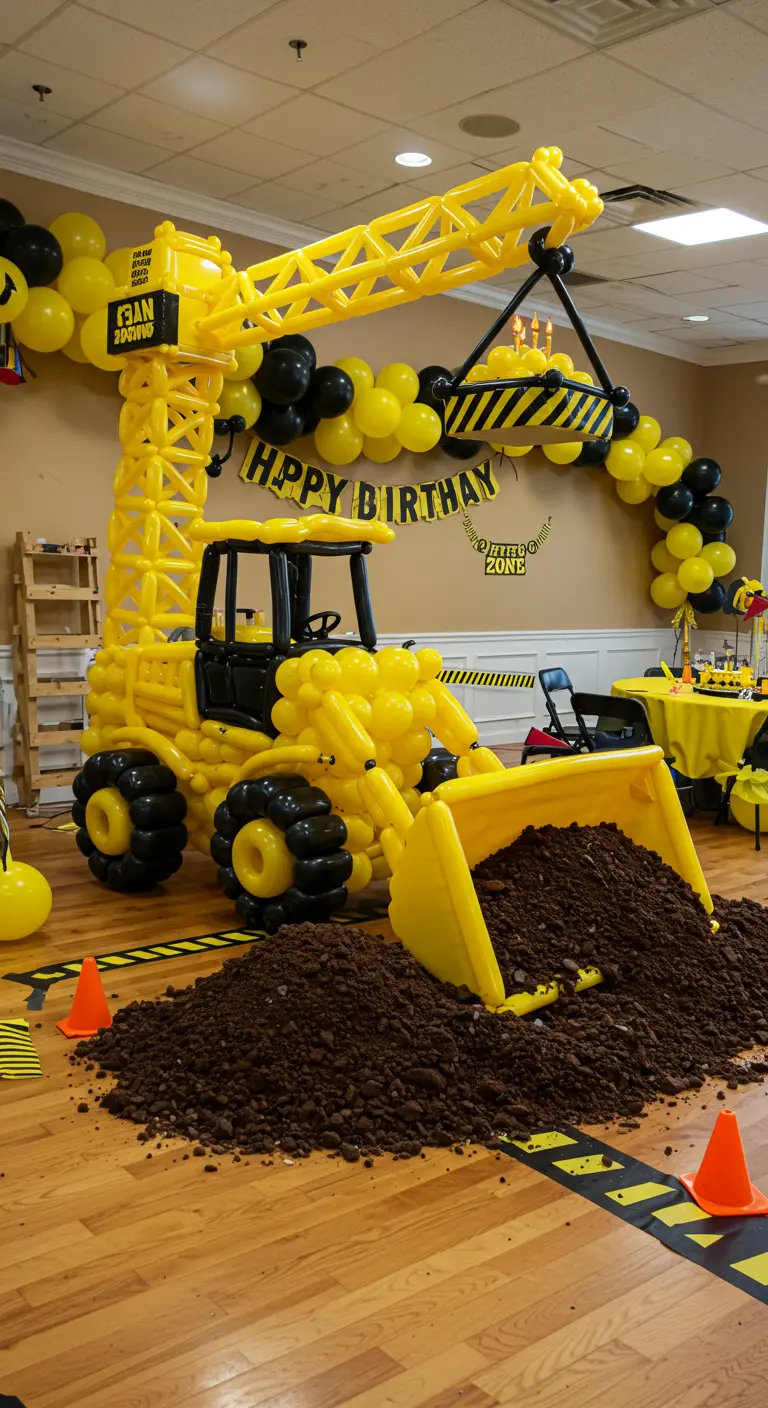 Une grue géante en ballons jaunes et noirs dans une salle de fête thème chantier.