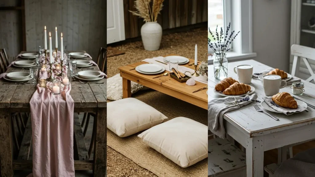 Décoration de table minimaliste pour la Saint-Valentin, avec un chemin rose, des bougies et peu d'objets.