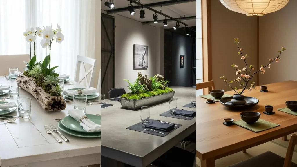 Différentes compositions florales basses sur des tables élégantes avec vaisselle chic, parfaites pour un dîner convivial.