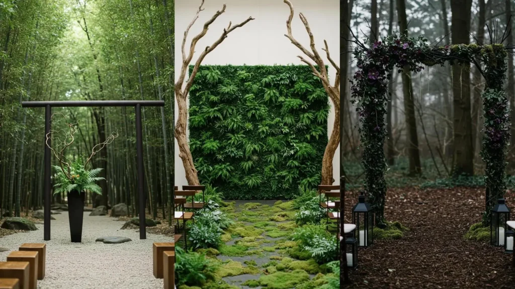 Trois arches de mariage en forêt avec mousses, fougères et branches tordues, parfaites pour une cérémonie nature.