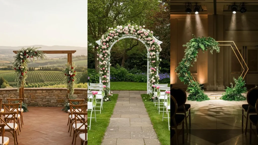 Arches de mariage printanières : florales luxuriantes de roses et verdoyantes de feuillage. Idéal pour cérémonie en extérieur ou intérieur.