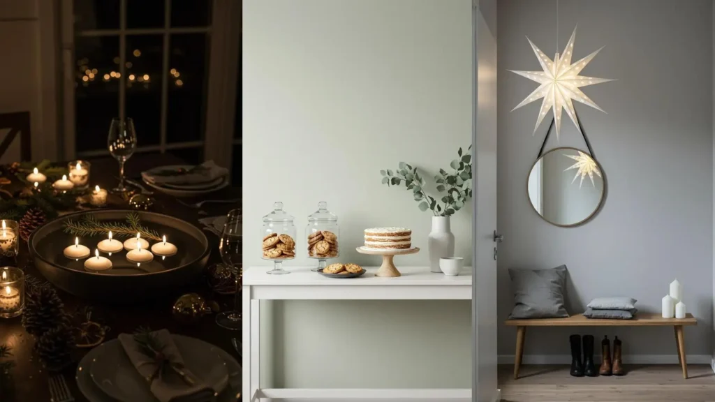 Décorations minimalistes scandinaves pour le Nouvel An avec des bougies flottantes et une étoile lumineuse.