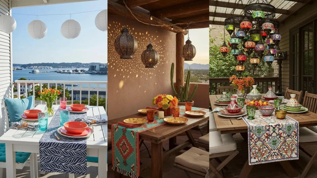 Ambiance estivale urbaine avec tables dressées, vaisselle vive, chemins de table stylisés et lanternes.